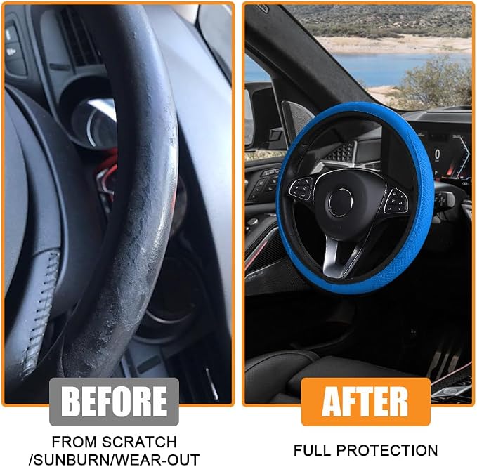 Car Steering Wheel Cover, Universal 14.5-15 Inch Blue Leather Steering Wheel Wrap with Better Sport Grip for Men Women, Anti-Slip Breathable Car Interior Accessories for Most Vehicles (Blue2)