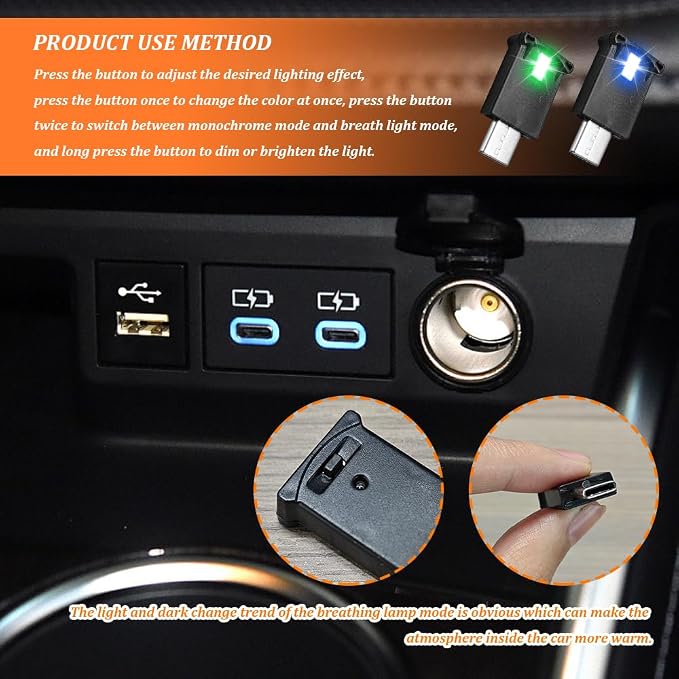 2 PCS USB Type C LED Ambient Light, Adjustable Brightness 8 Color RGB LED Interior Lighting, Universal Car Interior Accessories Mini USB Night Atmosphere Lamp for Car Home Decoration