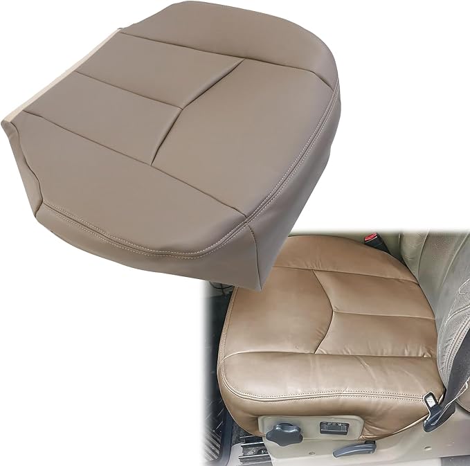 SecosAutoparts Tan #522 Front Driver and Passenger Side Bottom and Top Lean Back Replacement Leather Seat Cover Compatible with Chevy Silverado GMC Sierra 1500 2500 3500 HD 2003 2004 2005 2006 2007