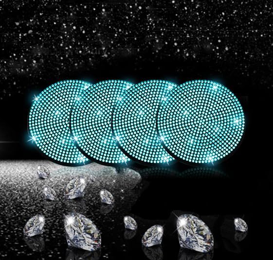 NBTEPEM 4pcs Bling Car Cup Holder Coaster, 2.75 inch Anti-Slip Shockproof Universal Fashion Car Coasters Insert Bling Crystal Rhinestone Automotive Interior Accessories for Women (Aquamrine)