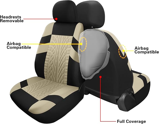 Pariitadin Car Seat Covers Full Set, Washable and Breathable Premium Cloth Automotive Vehicle Seat Cover for Car Interior, Universal Fit for Most Cars, Sedan, Truck, SUV(Black/Beige)