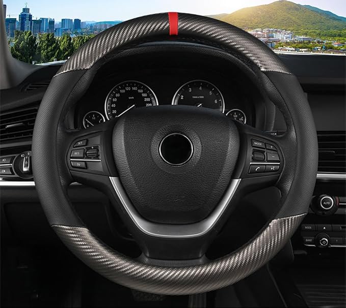 KAFEEK Carbon Fiber Steering Wheel Cover for Men, Car Accessories, Grey | Universal 15 Inch Sporty & Thin Cover, Anti-Slip Breathable Leather with Racing Red Center Stripe