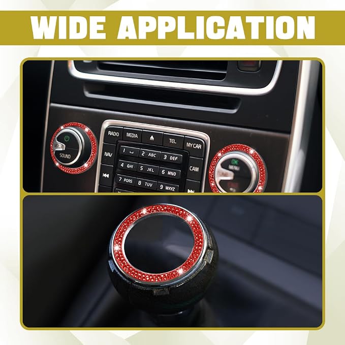 2PCS Bling Car Crystal Rhinestone Ring Emblem Sticker, Push to Start Button Cover/Sticker, Key Ignition Starter & Knob Ring, Car Interior Decoration Bling Car Accessories for Women