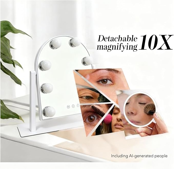 Arched Makeup Vanity Mirror with LED Lights Makeup Mirror Detachable 10X Magnification, Hollywood Make Up Mirror with Lighting, Smart Touch, Rechargeable,360° Rotation,White 14.17"x 11.81"