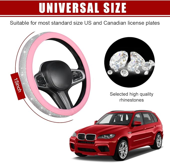 povtii Bling Car Steering Wheel Cover, Sparkling Crystal Rhinestone Auto Wheel Protector, Anti Slip Cover Fit 15 Inch Steering Wheel for Women Girls, Universal Car Accessories (White+Pink)