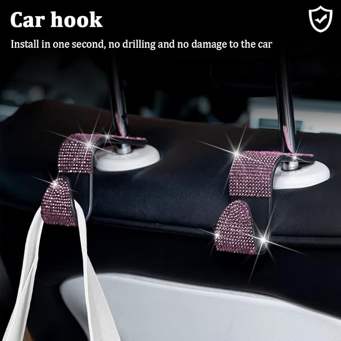 27PCS Bling Car Accessories Set for Women, 14.5-15" Crystal Rhinstone Steering Wheel Cover, License Plate Frame, USB Charger Phone Holder, Girly Auto Interior Decor Set, Universal Fit (Pink)