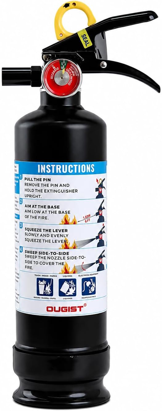 Ougist Car Fire Extinguisher, 1-A:10-B:C, FF1KG, 2.5lb Dry Chemical, 1 Pack | Automotive Multi-Purpose Extinguisher for Small Vehicle Fires In Cars, Trucks and Rvs; Compact Body with Quick-Release Handle