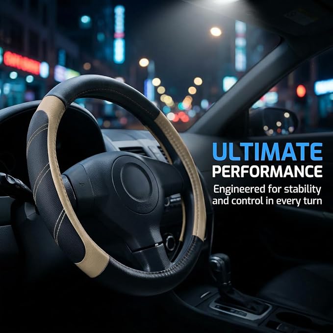 Osilly Car Steering Wheel Cover, 14.5-15" Leather Breathable Anti-Slip Stylish Steering Wheel Protector, Comfortable Auto Interior Decoration Accessories, Universal for SUV Van Truck (Black Beige)