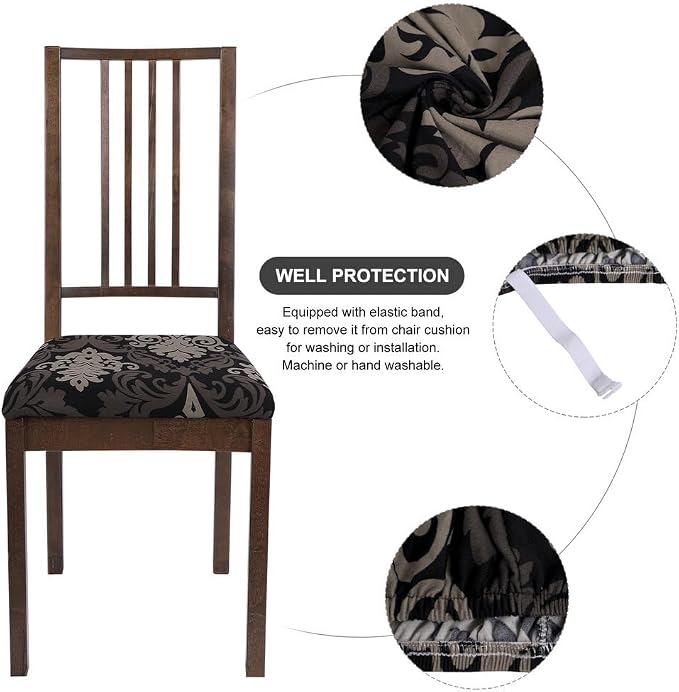 SearchI Seat Covers for Dining Room Chairs Stretch Printed Chair Seat Covers Set of 6, Removable Washable Upholstered Chair Seat Protector Cushion Slipcovers for Kitchen, Office(Black/Brown)