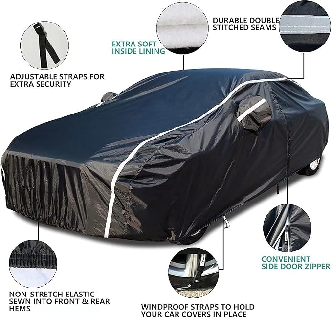 Waterproof Car Cover for Automobiles All Weather - Coverado Car Cover Heat Protection with Zipper Door, Cotton Backing Snowproof UV Protection Windproof, Universal Fit for Sedan (201"-210")