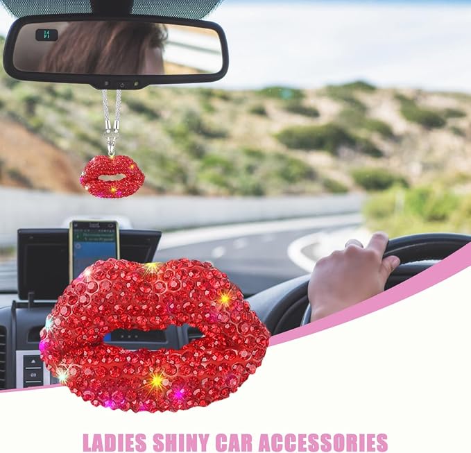 Bittwee Bling Lip Diamond Car Hanging, Crystal Rinestones Auto Rear View Mirror Charms Ornament, Lucky Vehicle Interior Pendant Decoration Accessories, Universal for SUV Sedan Truck(Red)