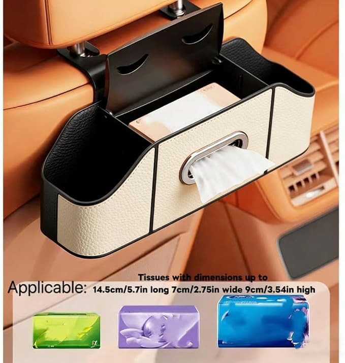 2 Pack 4-in-1 Car Backseat Organizer, PU Leather Headrest Storage Box with Tissue Holder, Dual Cup Holders, Phone Stand & Hooks, Universal Fit for Most Cars, Road Trip Essentials (Beige)