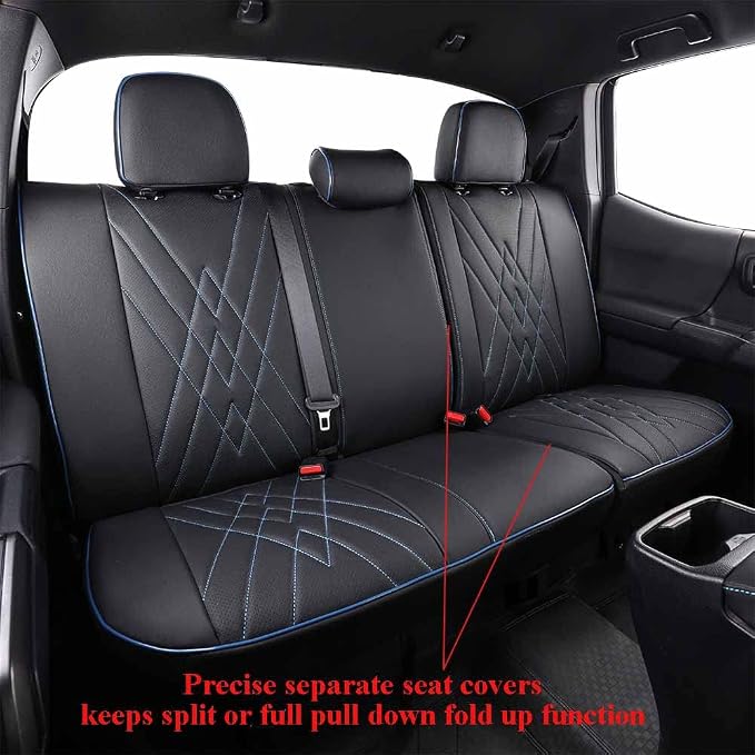 EKR Tacoma Seat Covers Custom Fit for Toyota Tacoma 2016 2017 2018 2019 2020 2021 2022 2023 Double Cab/Crew Cab -Truck Seat Covers for Car Full Set,Faux Leather (Black with Blue Trim)