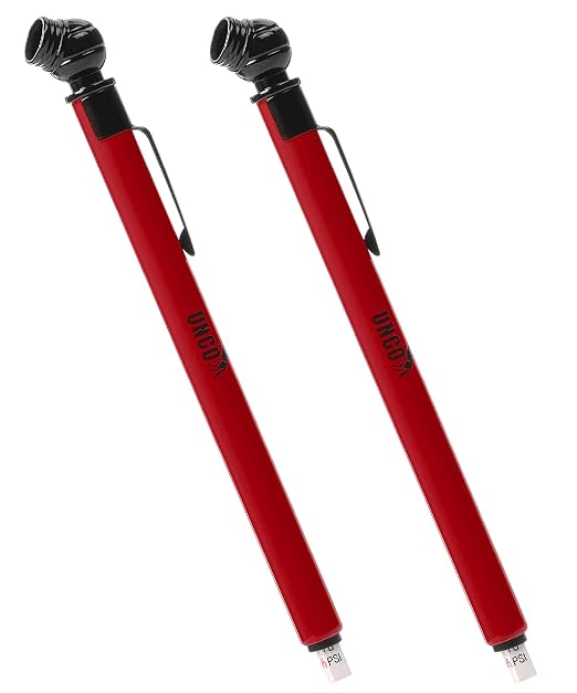 UNCO- Pencil Tire Pressure Gauge, 2 Pack, 10-75 PSI, Red, Stainless Steel Body, Metal Made Nozzle, Rust and Corrosion Resistant, Pencil Air Pressure Gauge for Tires, 3 Measurements for Cars, Bikes