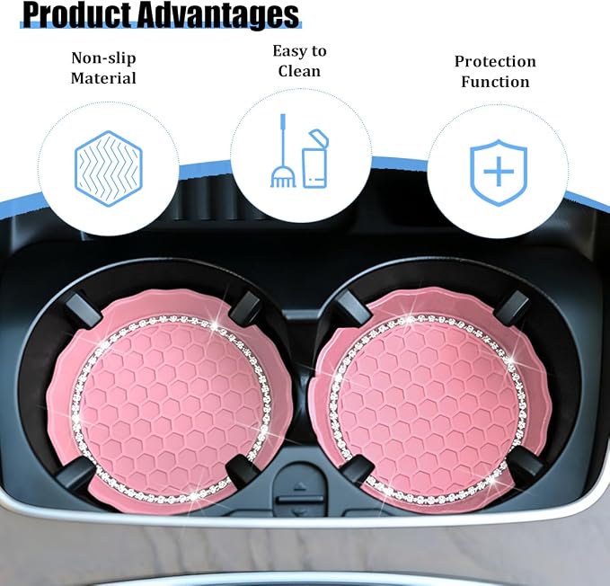 HZEL 4PCS Bling Car Cup Holder Coaster, Shiny Crystal Rhinestone Silicone Dustproof Drink Cup Insert Pad, Dazzling Automotive Interior Water Bottle Holder Embedded Mat, Universal Fit (Pink)