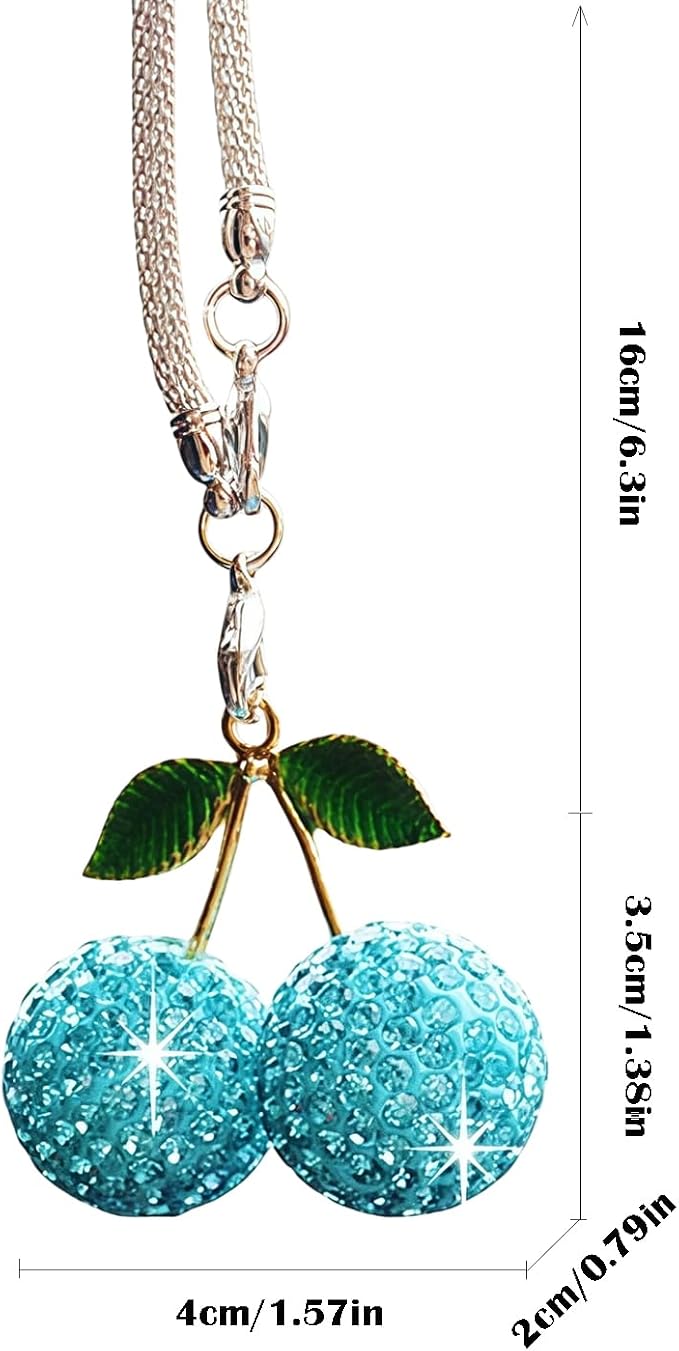 Bling Cherry Car Hanging Ornament, Cute Crystal Rear View Mirror Pendant, Sparkly Diamond Rearview Mirror Charms, Lucky Car Interior Decor Accessories (Blue)