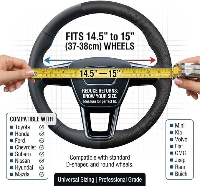 Nappa Leather Car Steering Wheel Cover, Slim Black Case 14.5-15 Inch | Premium Soft Nappa Leather with Fine Grip Texture Ultra-Thin Natural Rubber Inner Lining Fits 14.5 to 15 Inch Wheels