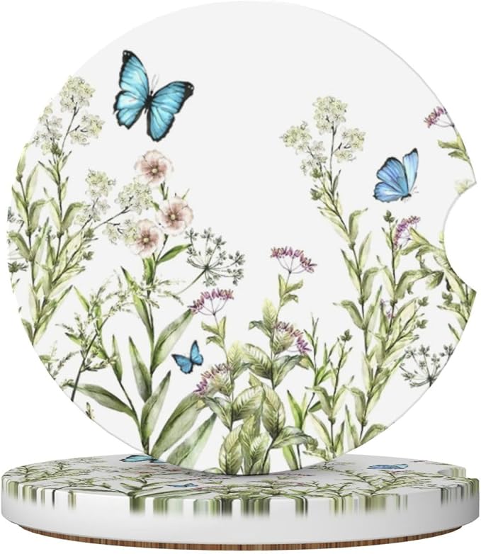 Flower Butterfly Car Cup Holder Coaster 2 Pack - Absorbent Ceramic Coasters With Anti-Slip Cork Base and Finger Notch for Women Men Universal Car Accessories Interior