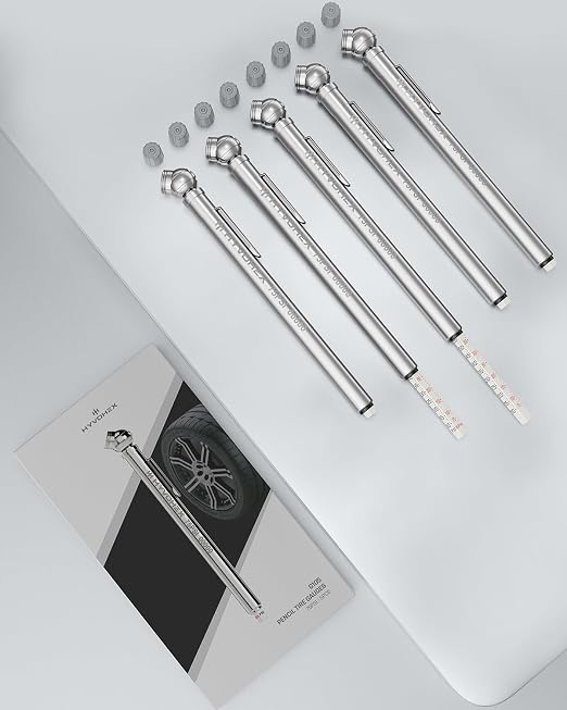 Pencil Tire Pressure Gauge 5 Pack with Valve Caps, Stainless Steel Body Tire Gauges for Tire Pressure with Deflator Valve, Metal Nozzle Tire Gauge for Cars, Pickups, RVs, Bicycles