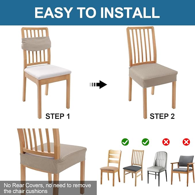 Smiry Waterproof Seat Covers for Dining Room Chairs Set of 6, Stretch Jacquard Removable Washable Chair Seat Slipcovers Protector, No Rear Covers, Taupe