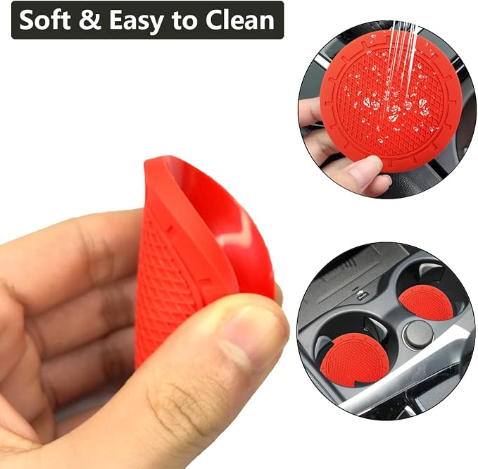 Car Cup Holder Coaster, 4 Pack 2.75 Inch Diameter PVC Non-Slip Universal Insert Coaster, Durable, Suitable for Most Car Interior, Car Accessory for Women Men Red