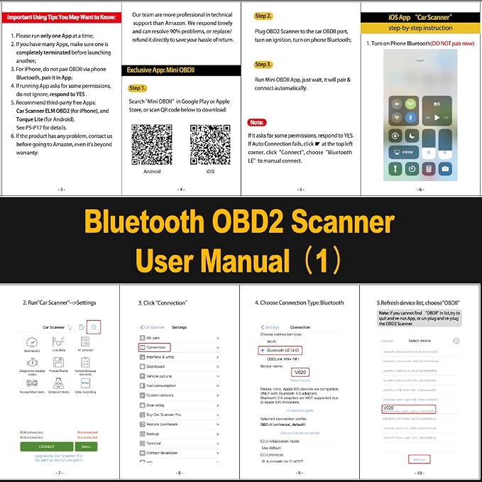 Car OBD2 Scanner Bluetooth for iPhone iOS Android OBDII Diagnostic Scan Tool Code Reader for Error Code Clear Braking Performance Test