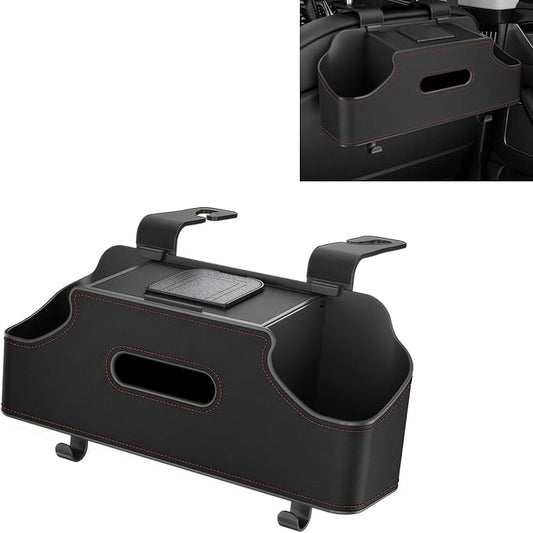 Car Organizer, Car Back Seat Organizer with 2 Drink Cup Holder, Leather Car Storage Box with Tissue Pouch, Multi-functional Behind Seat Storage Case, Universal for Most Vehicles (Black)