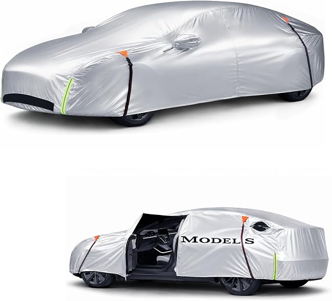 Wigoo Tesla Model S Car Cover Accessories 2012-2026, Custom Fit Waterproof All Weather Outdoor Full Car Cover, Windproof UV Rain Snow Dust Protection, Door Zipper, Charging Port, Ventilated Mesh