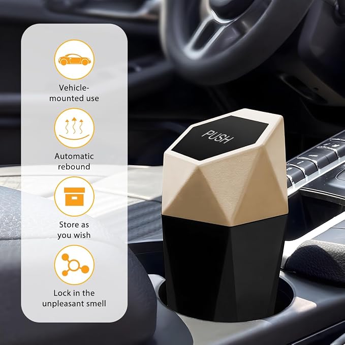 Car Trash Can with Lid, Mini Leakproof Fragrance Vehicle Cup Holder Garbage Bin for Console Door, Small Portable Auto Interior Dustbin Organizer Accessories, Universal Fit (Gold)