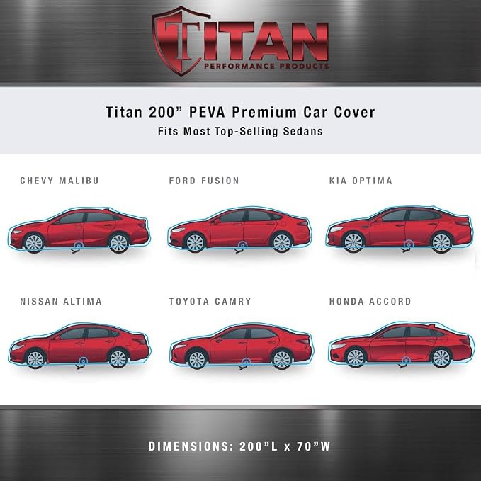 Titan Premium Multi-Layer PEVA Car Cover for Sedans 186-202". Waterproof, UV Protection, Anti-Scratch Protective Lining, Driver-Side Zippered Opening. Fits Camry, Accord and More.