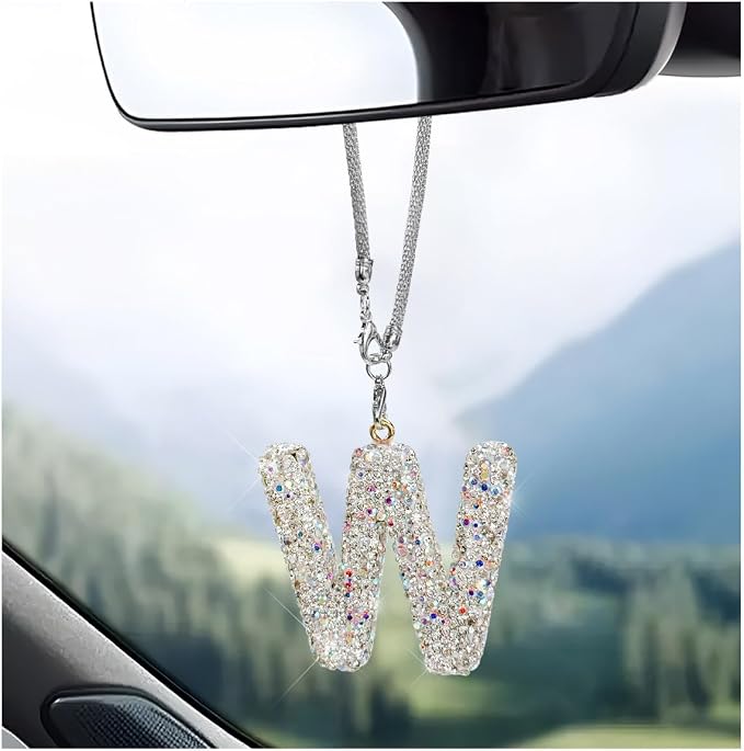 DXNQ Bling Initial Car Rear View Mirror Ornament, Crystal Sparkling Cute Letter Charm Pendant Auto Decor, Hanging Lucky Diamond Initial Charm Car Mirror Bag Ornament for Girl Women (Letter W)