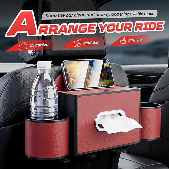 3-in-1 Car Backseat Organizer with Cup Holder, Tissue Box, Trash Bin & Hooks,Multifunctional Back Seat Car Organizer for Hold Phones,Snacks,Drinks,and Handbags (A- Red)