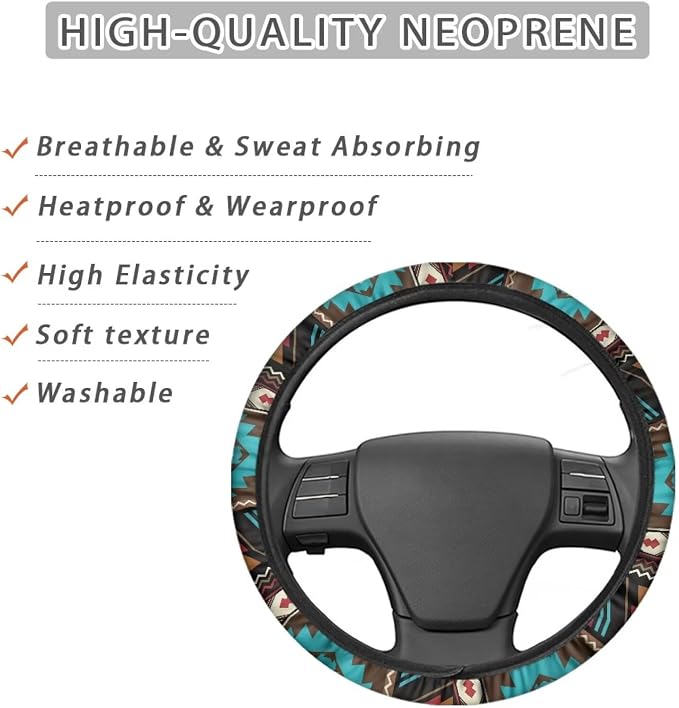 Wanyint Southwest Aztec Teal Brown Car Steering Wheel Cover Soft Stretch Auto Steering Wrap Protector for Women Men, Universal Auto Accessories Fit Most Vehicles