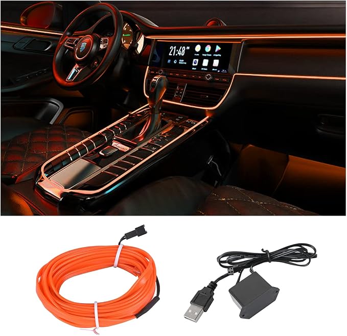 EL Wire LED Strip Lights, USB Auto Neon Light Strip with Sewing Edge, 16FT Electroluminescent Car Ambient Lighting Kit with Fuse Protection, Car Decoration Accessory (Orange/16FT)