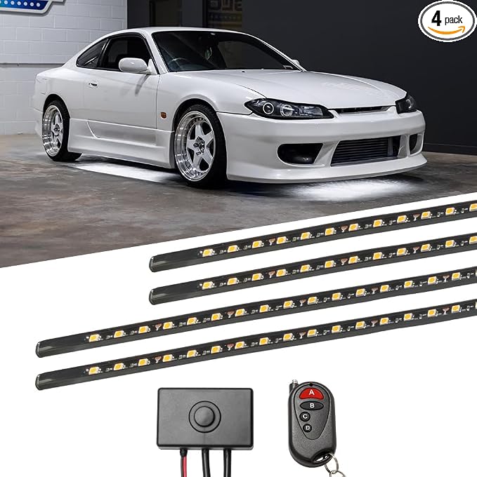 LEDGlow 4pc White Slimline LED Car Flexible Underglow Lighting Kit | Neon Accent Lights Include Flex Underbody Tubes, Solid Color Illumination, 4 Modes, Control Box & Remote