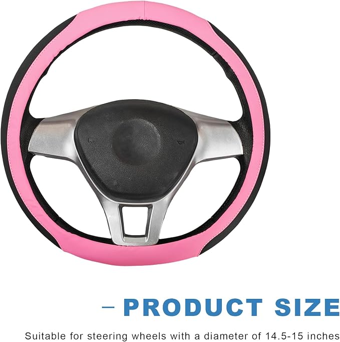 Sun Walker Steering Wheel Cover, Breathable Leather Steering Wheel Covers with Perforated Sides, Anti-Slip Comfortable Grip Auto Sleeve for 14.5-15 Inch Wheels, Car Accessories (Pink)