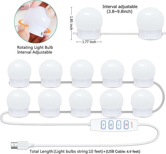 LED Vanity Lights for Mirror,10 Dimmable Bulbs,3000K 4500K 6500K & Brightness Adjustable,Hollywood Mirror Lights for Makeup Dressing Room