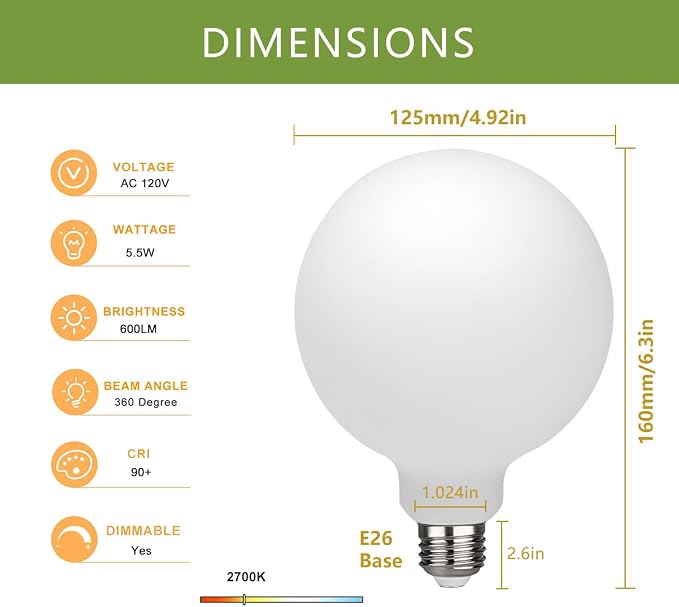 2 Pack G40 Globe LED Light Bulbs, 5.5W Dimmable 50 Watt Equivalent LED Edison Bulbs, Warm White 2700K, 600LM, E26 Base, Milky LED Filament Bulbs for Bathroom Bedroom Living Room