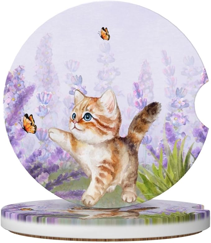 Lavender Butterfly Cute Cat Car Coasters for Cup Holders,2 Pack Car Cup Holder Coasters for Car,Ceramic Absorbent Car Coaster with A Finger Notch and Cork Base,Car Interior Accessories for Women Men