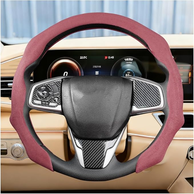 Car Steering Wheel Cover, Soft Brethable Suede Non-Slip Vehicle Steering Wheel Protector, Comfortable Sporty Auto Interior Protection Accessories, Universal for Truck SUV Van (Bordeaux Red)