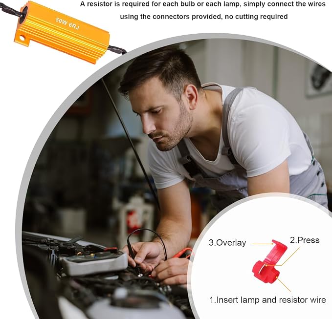 2PCS 50W 6Ohm LED Load Resistors, Automotive LED Turn Signal Resistor Flasher Adaptor with Wire Clips, Vehicle Replacement Resistors for Fixing Hyper Flash Warning Cancellor (Golden)