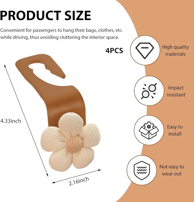 4 PCS Car Seat Headrest Hooks, Cute Flower Car Seat Back Organizer Bag Holder Hooks, Automotive Seat Hook Hanger Storage Organizer for Purse Cloth Grocery Bags, Car Accessories (White+Brown)