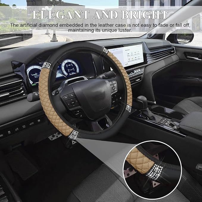 Bling Soft Leather Steering Wheel Cover, 15 Inch Colorful Rhinestones Auto Elastic Steering Wheel Protector for Women Girls, Car Accessories Anti Slip Steering Wheel Cover for Cars, SUVs (Beige)