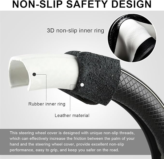 Car Steering Wheel Cover, 15 Inch Anti-Slip Breathable Leather Auto Steering Wheel Protector, Full Surround Soft Steering Wheel Cover for Men Women, Car Interior Accessories (Black & Yellow)