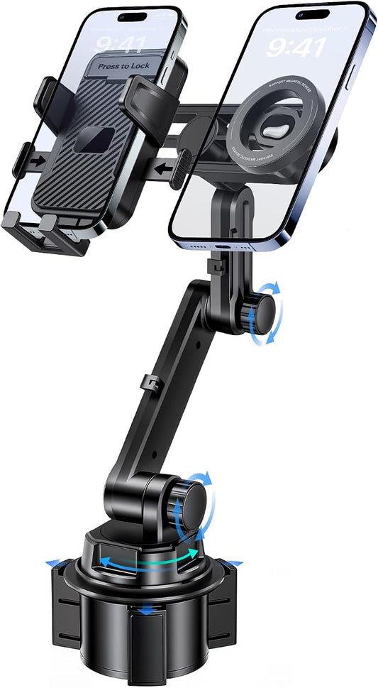 Dual Cup Holder Phone Mount for Car, MagSafe & Clamp Holder | Dual Cup Holder Phone Mount for Car, MagSafe & Clamp Holder, 360° Long Arm, Fits iPhone 12-17 & 4-7.2" Phones