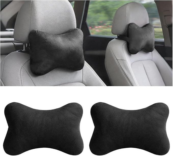 2PCS Car Neck Pillow, Soft Comfortable Vehicle Seat Neck Support Pillow Cushion for Relief Driving Fatigue, Breathable Auto Interior Headrest Neck Rest Pad, Universal for Vehicles (Black)