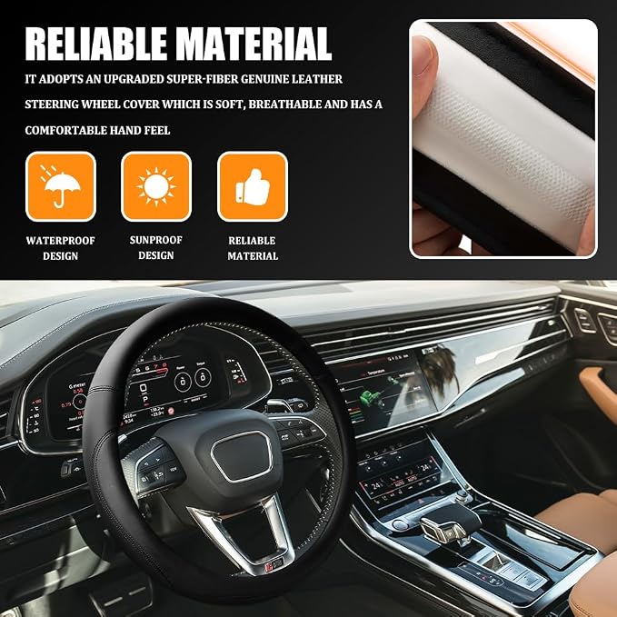 Car Steering Wheel Cover, 15 Inch Napa Leather Car Steering Wheel Protector, Slip-Resistant Elastic Steering Wheel Handle Cover, Universal Interior Accessories for Cars Trucks SUVs (Black)