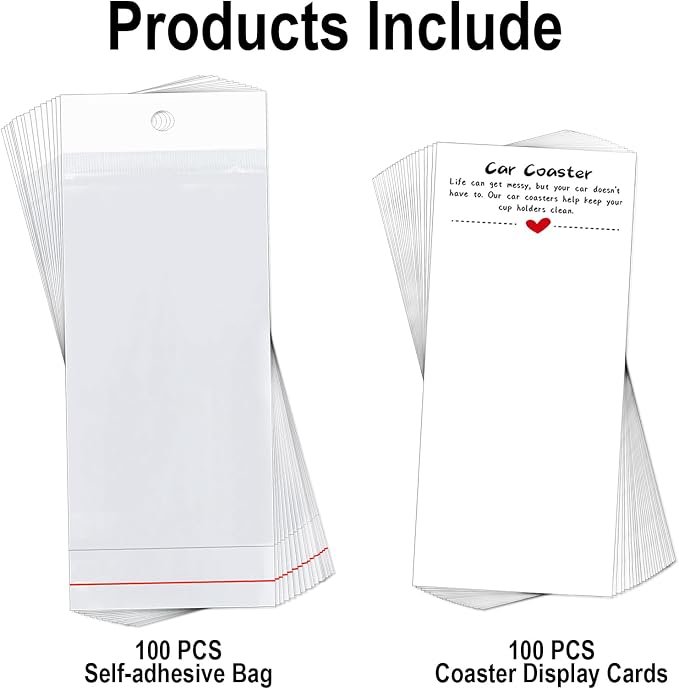 100PCS Car Coasters Packaging for Selling, Sublimation Blanks Car Coaster | Sublimation Display Card Set with Bags and Cards 6.8 x 2.9 Inch,Heat Press Machines Accessories(White)