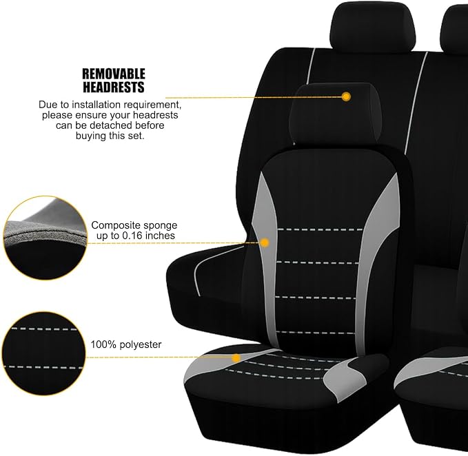 Car Seat Cover Full Set, Fashion Soft Sponge Vehicle Front and Rear Split Bench with Removable Headrest Cover, Breathable Auto Seat Protector, Universal for Truck SUV Sedan (Gray/Black)