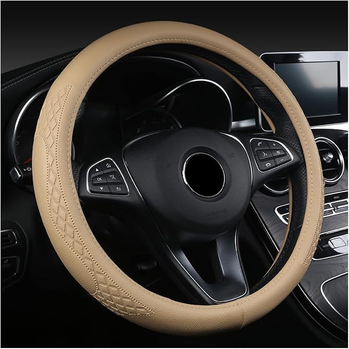 AUCELI Car Steering Wheel Cover, 14 1/2-15 inch Non-Slip Soft Breathable Leather Automotive Steering Wheel Protecteor, Vehicle Accessories for Men Women, Universal for SUV, Truck, RV（Beige）